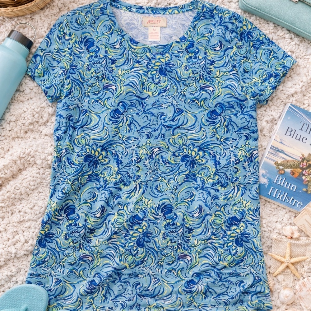 Stella Parker Collection Blue Floral Short Sleeve Tee Medium